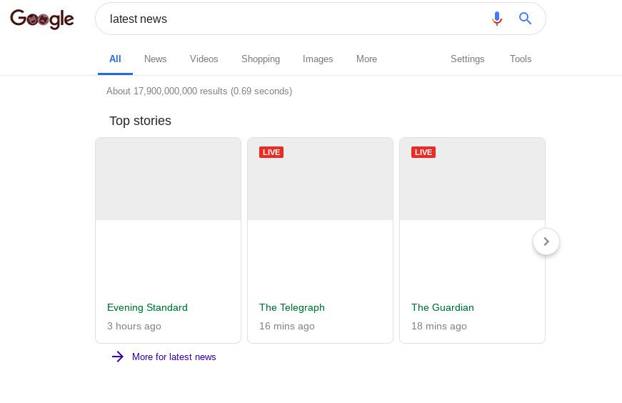 A screenshot of Google News showing blank snippets.
