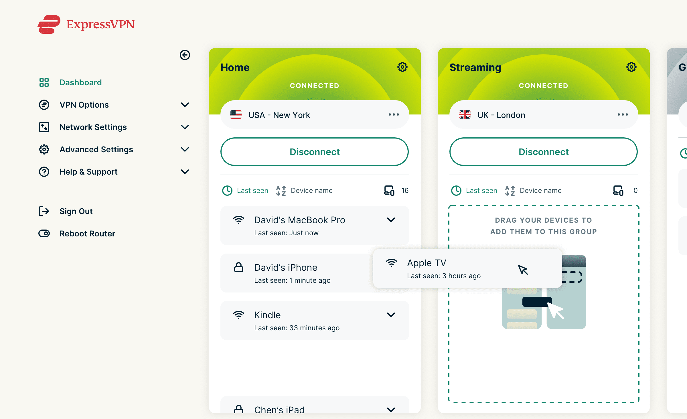 ExpressVPN router app Device Groups user interface.