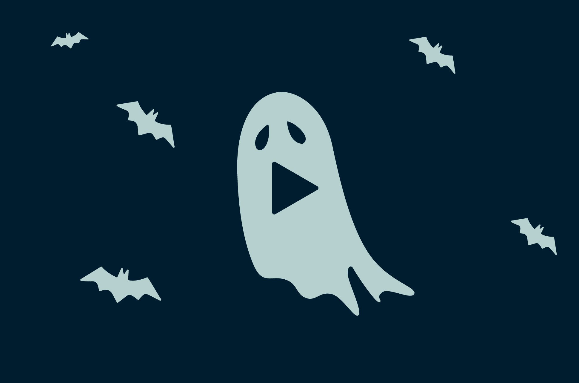 A ghost with a play symbol for a mouth, and multiple bats.