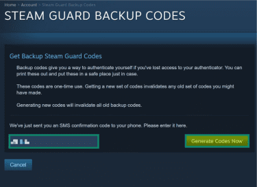 Steam Guard backup codes verification page. The code field and "Generate Codes Now" button are highlighted.