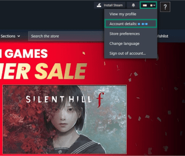 The Steam homepage. The profile dropdown menu and the "Account details" option are highlighted.