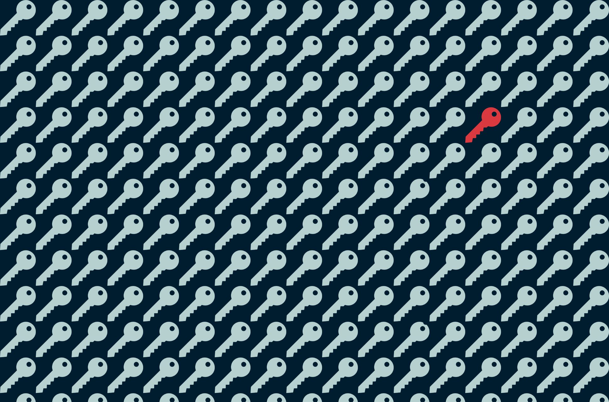 One red key in a sea of blue keys.