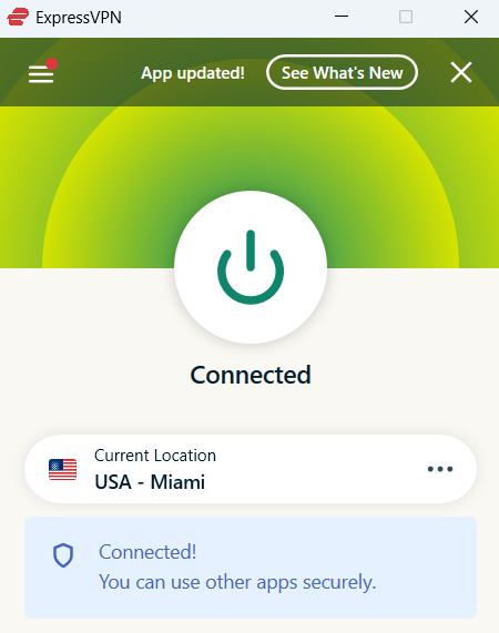 A screenshot of the ExpressVPN app, showing an active VPN connection.