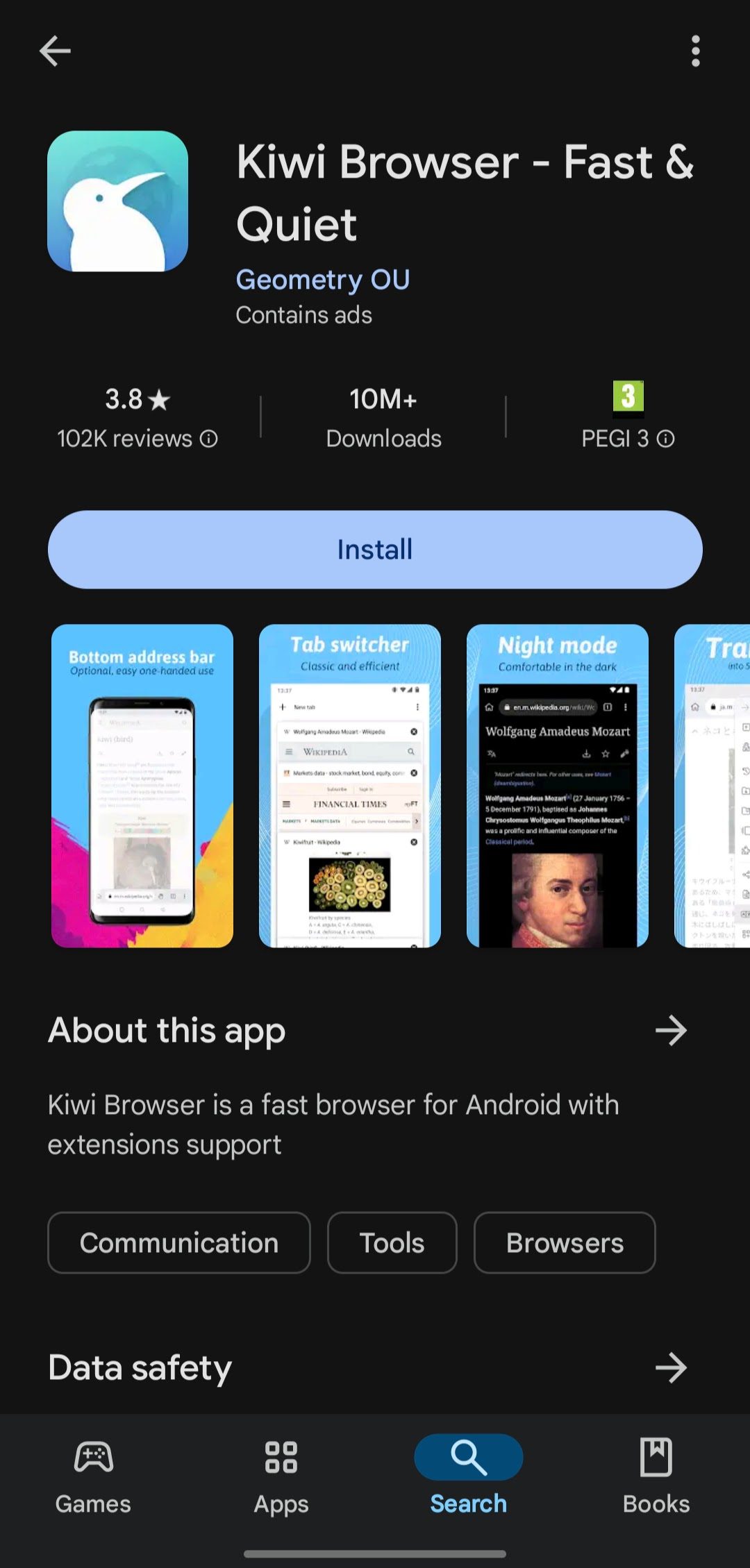 Kiwi Browser page in Google Play Store.