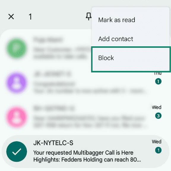 Android Messages app showing the three-dot menu expanded, with the Block option highlighted.