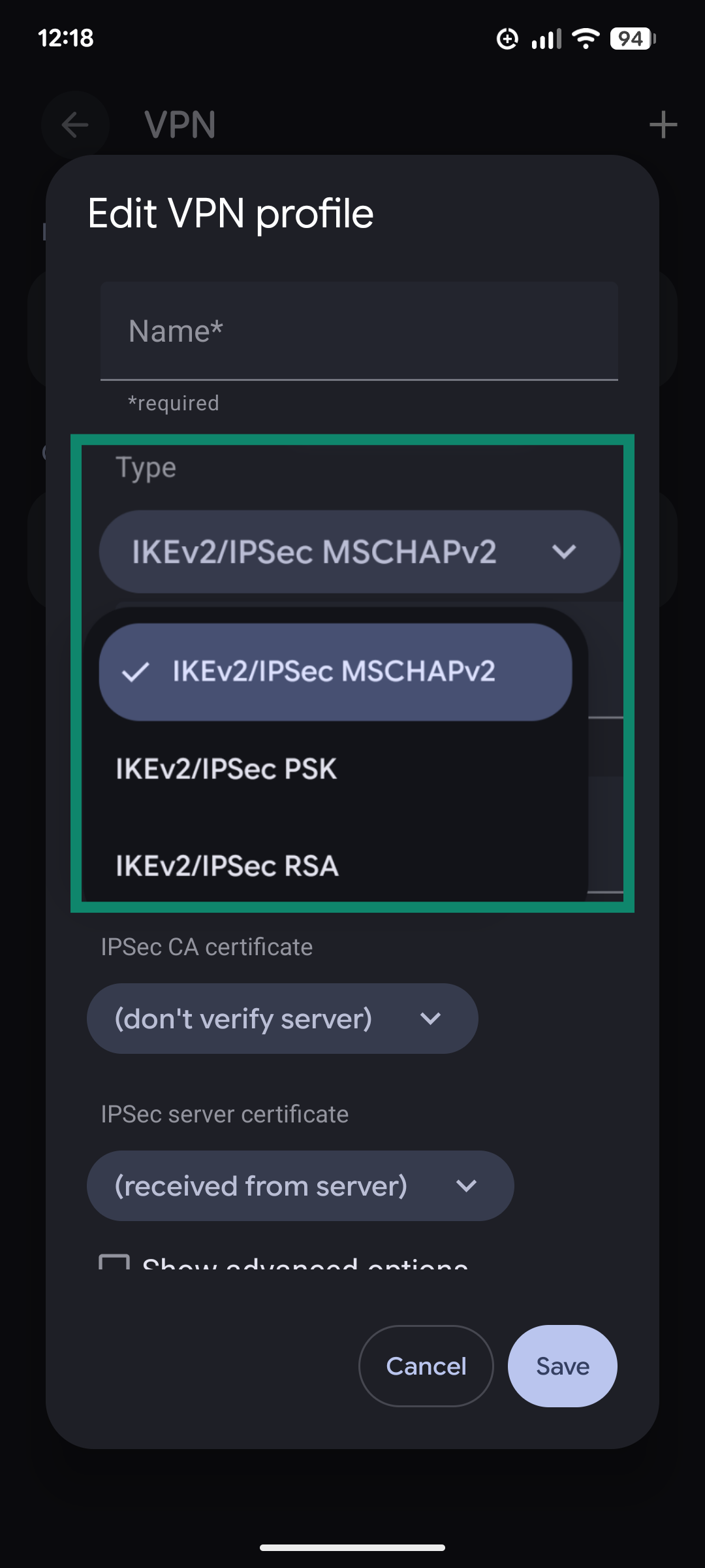 Android VPN profile options with the Type dropdown menu showing different versions of IKEv2