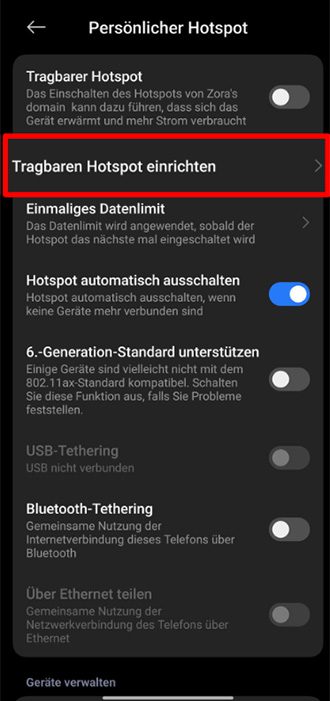Android Portable hotspot settings screen with Set up portable hotspot option highlighted.