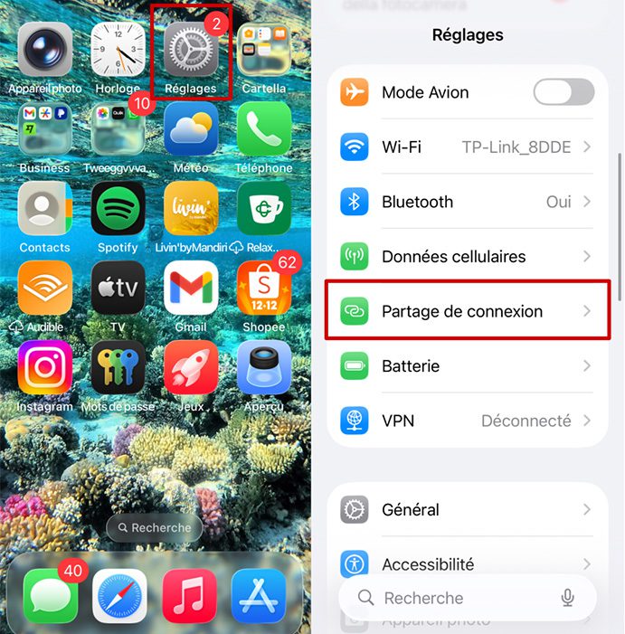 iPhone home screen showing Settings app and Personal Hotspot option in settings menu.