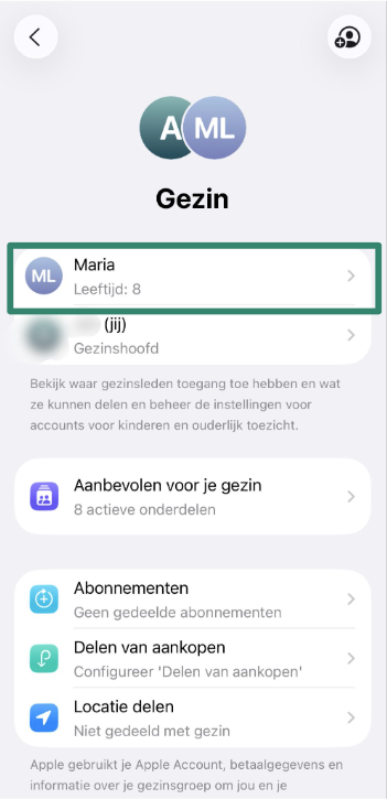 Family list with child’s name selected in iPhone Settings.