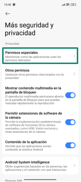 Android special permissions with Device & app notifications highlighted.