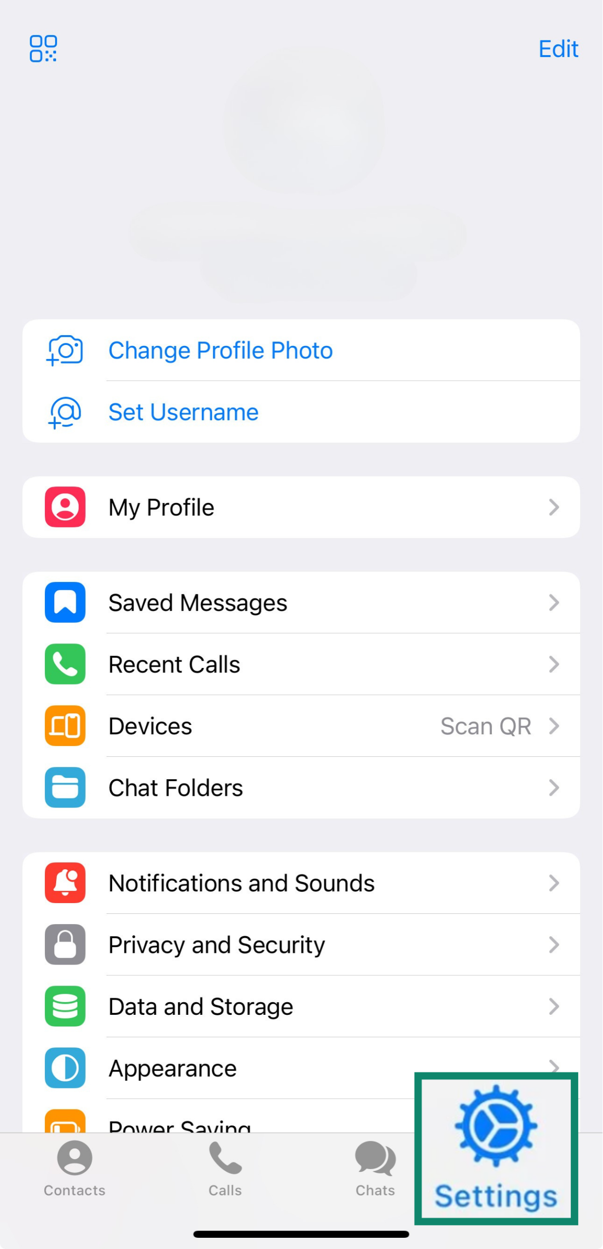 Telegram app settings page showing profile, privacy, and security options.