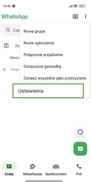 WhatsApp home screen highlighting Settings in the kebab menu.