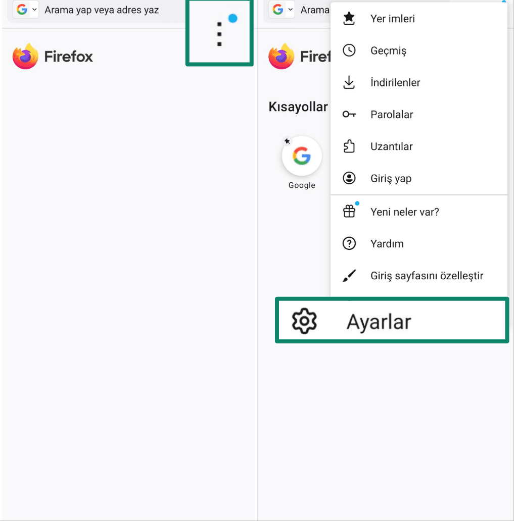 Accessing Firefox settings from the three-dot menu on Android.