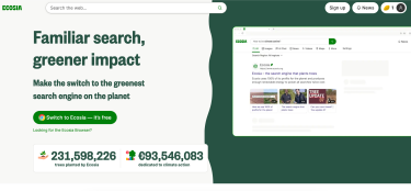Ecosia homepage highlighting tree planting and eco-friendly search.
