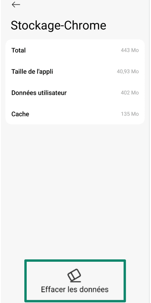 Chrome storage screen on Android with Clear data option highlighted.