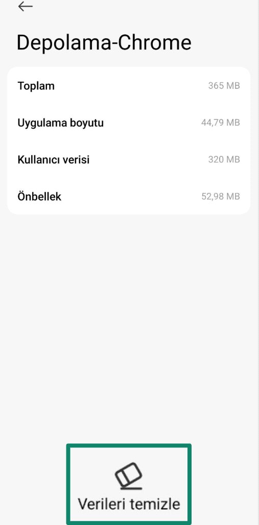 Chrome storage screen on Android with Clear data option highlighted.
