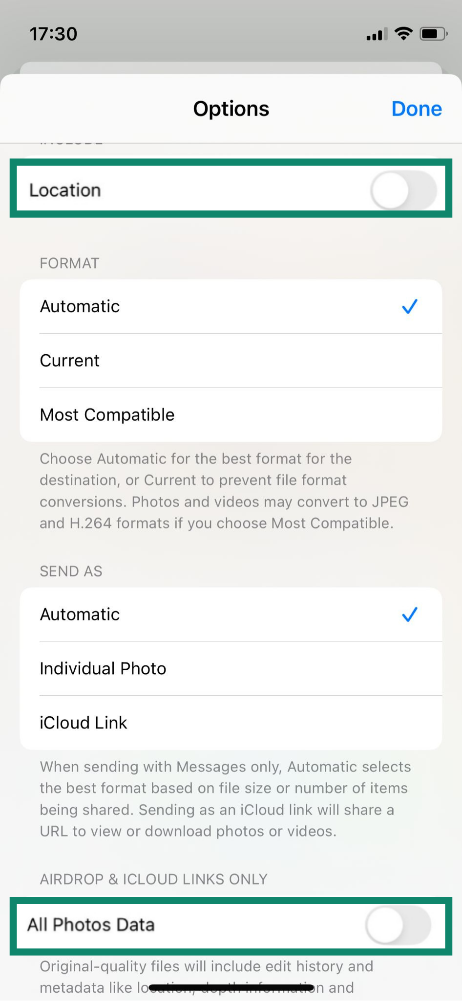 The Options screen for an iPhone image, showing the Location and All Photos Data settings toggled off.