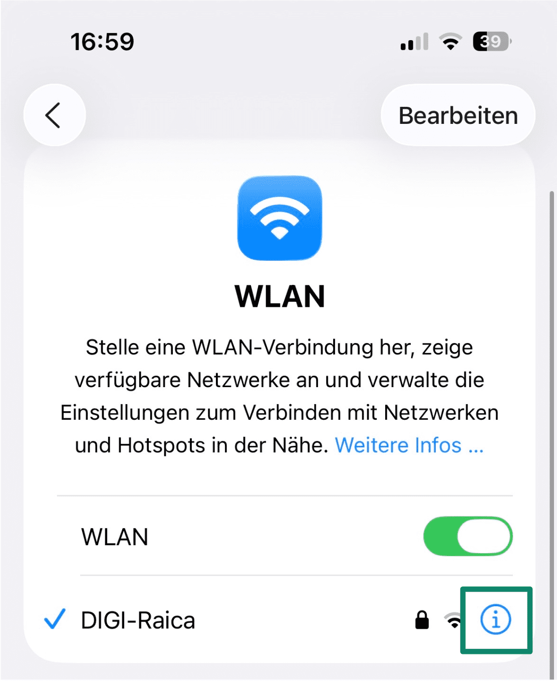 Tap the network's information icon to reveal its DNS settings dashboard.