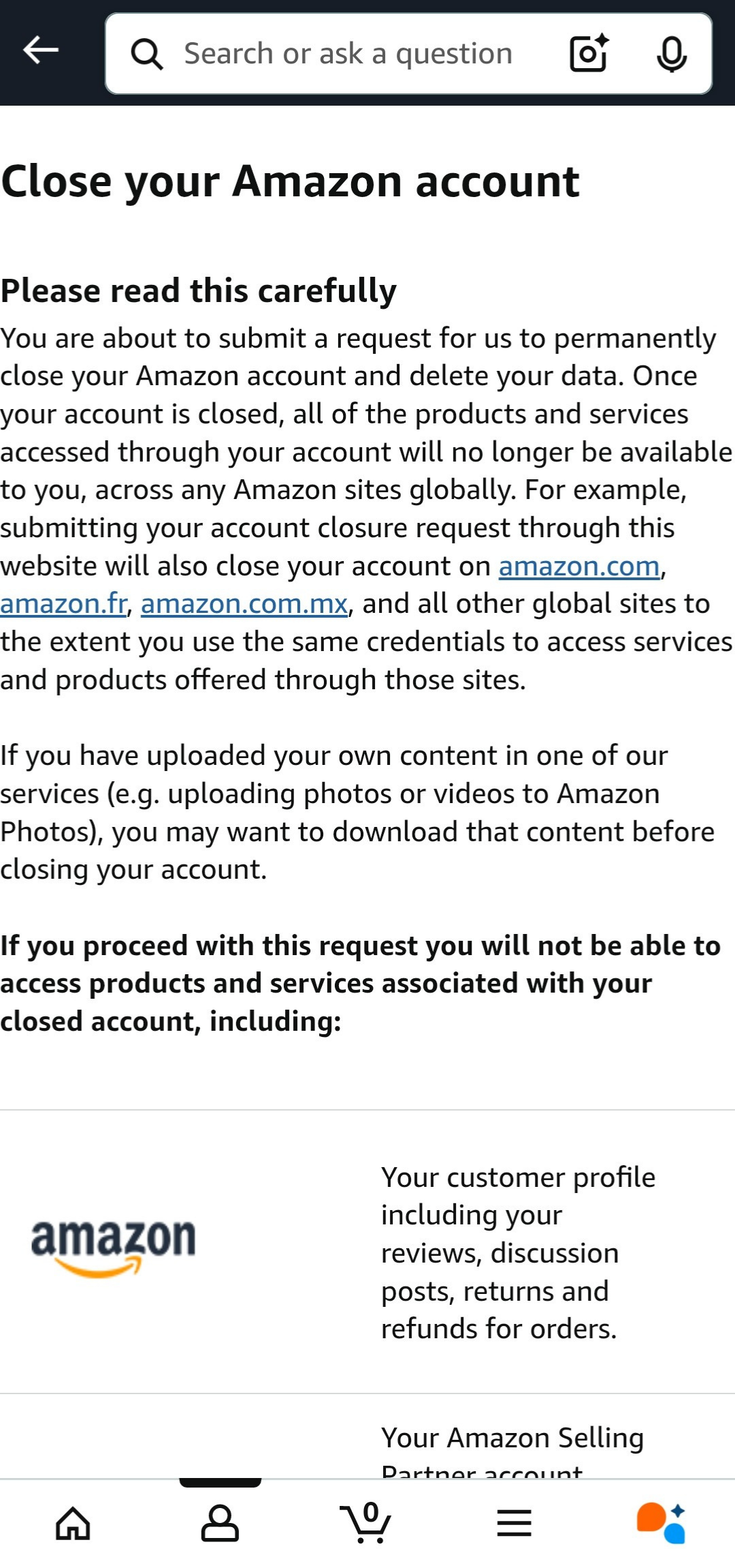 Amazon account closure disclaimer on the Amazon app.