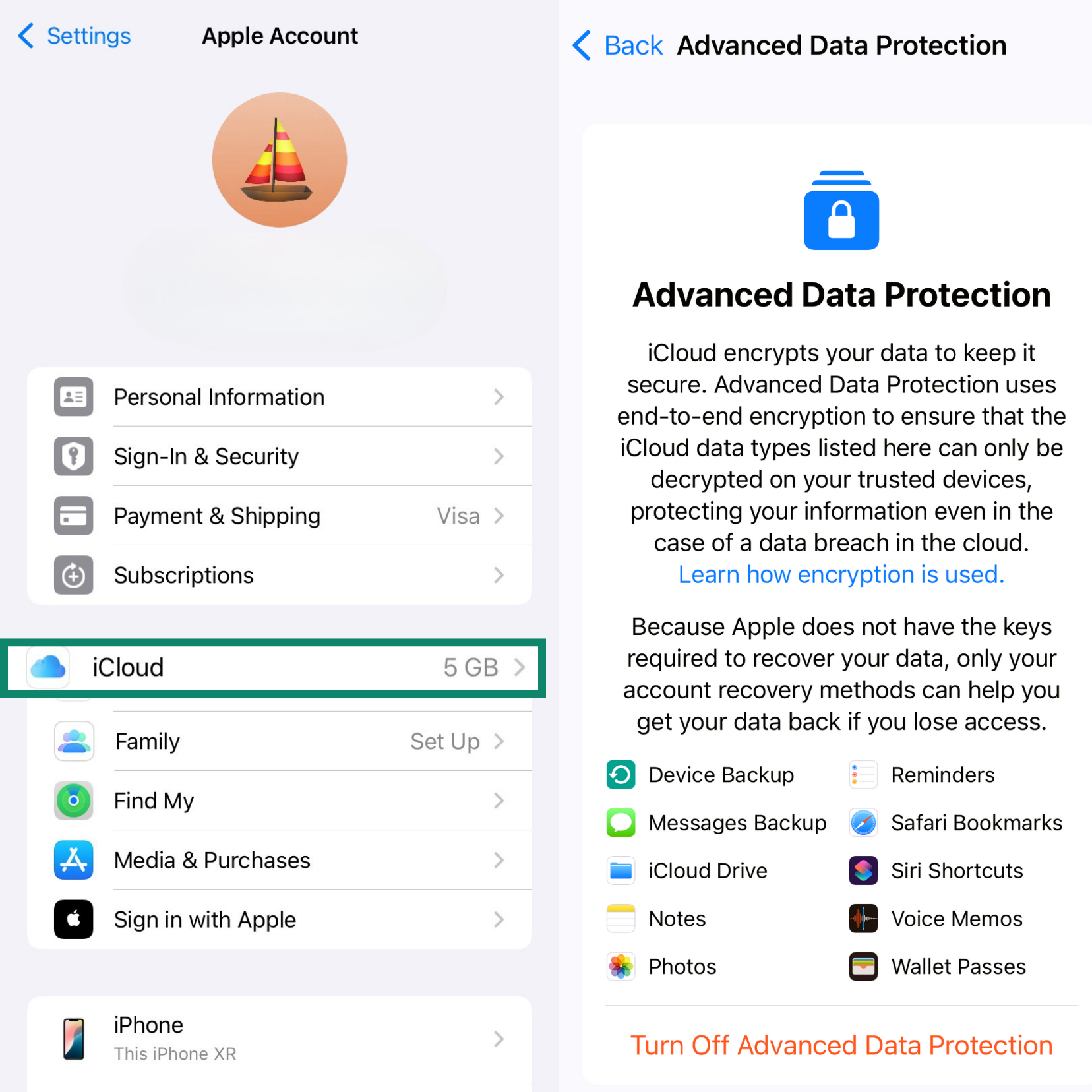 The Advanced Data Protection information screens in iPhone settings. It explains that the feature provides end-to-end encryption and lists the data types it protects, such as iCloud Drive, Notes, and Photos.