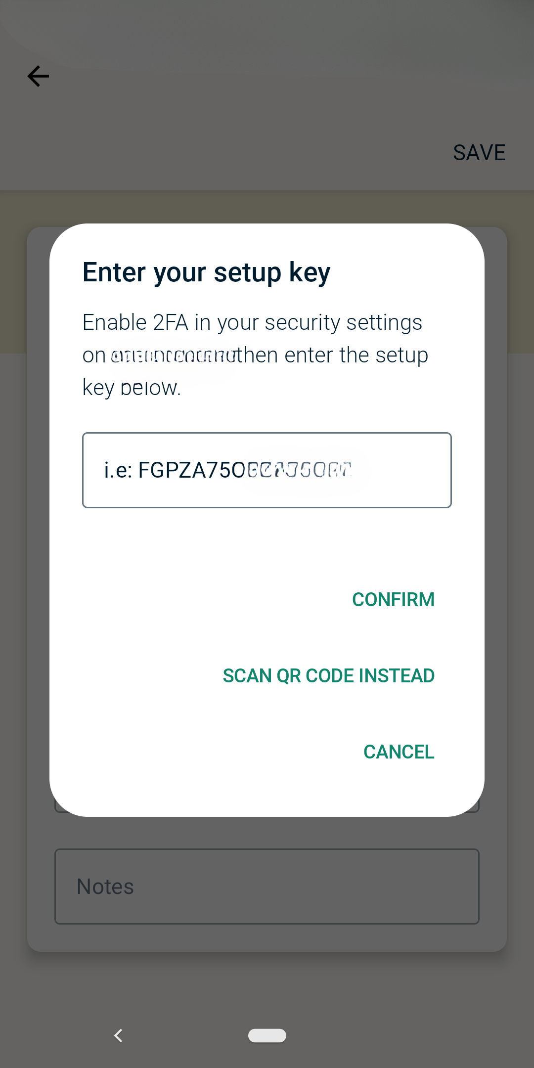The ExpressVPN authenticator app's setup key screen.