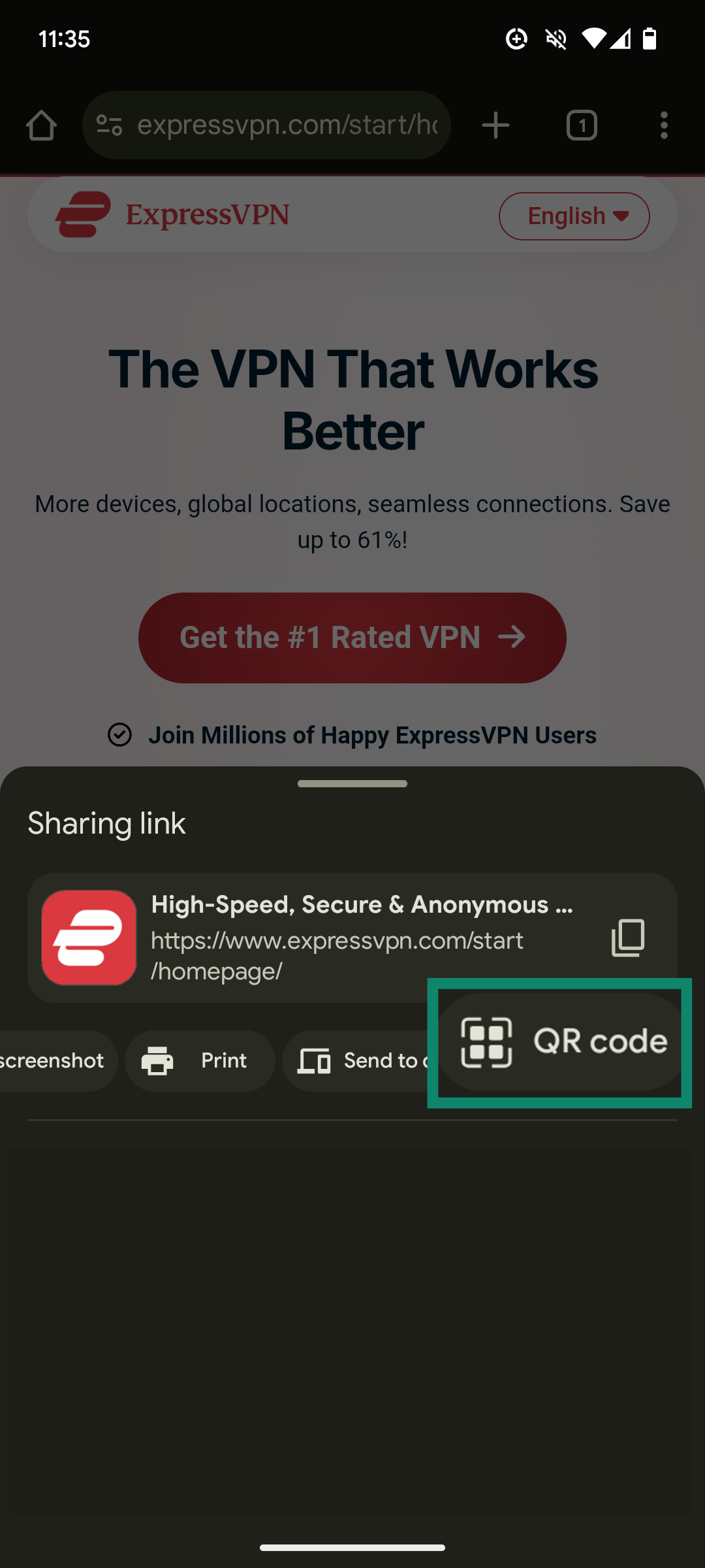 An Android smartphone screenshot, showing the QR code option in the Share menu of the Google Chrome mobile app.