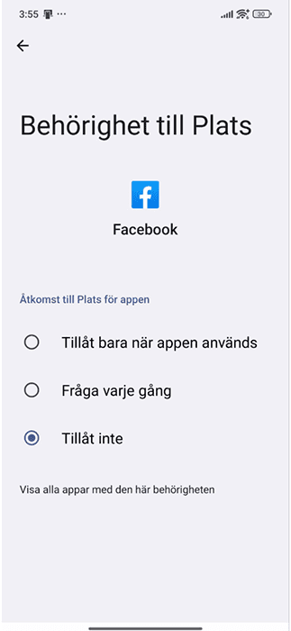 Disabling Facebook mobile app location permissions.