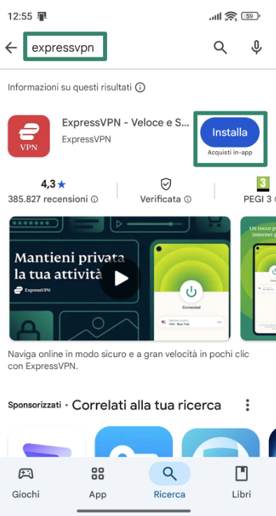 Installing ExpressVPN through the Google Play Store.