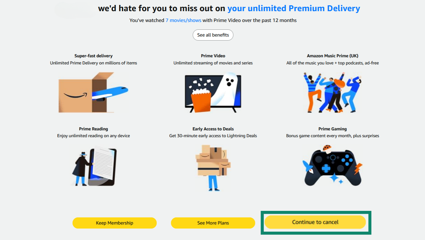 Confirming Prime membership cancellation on Amazon website.