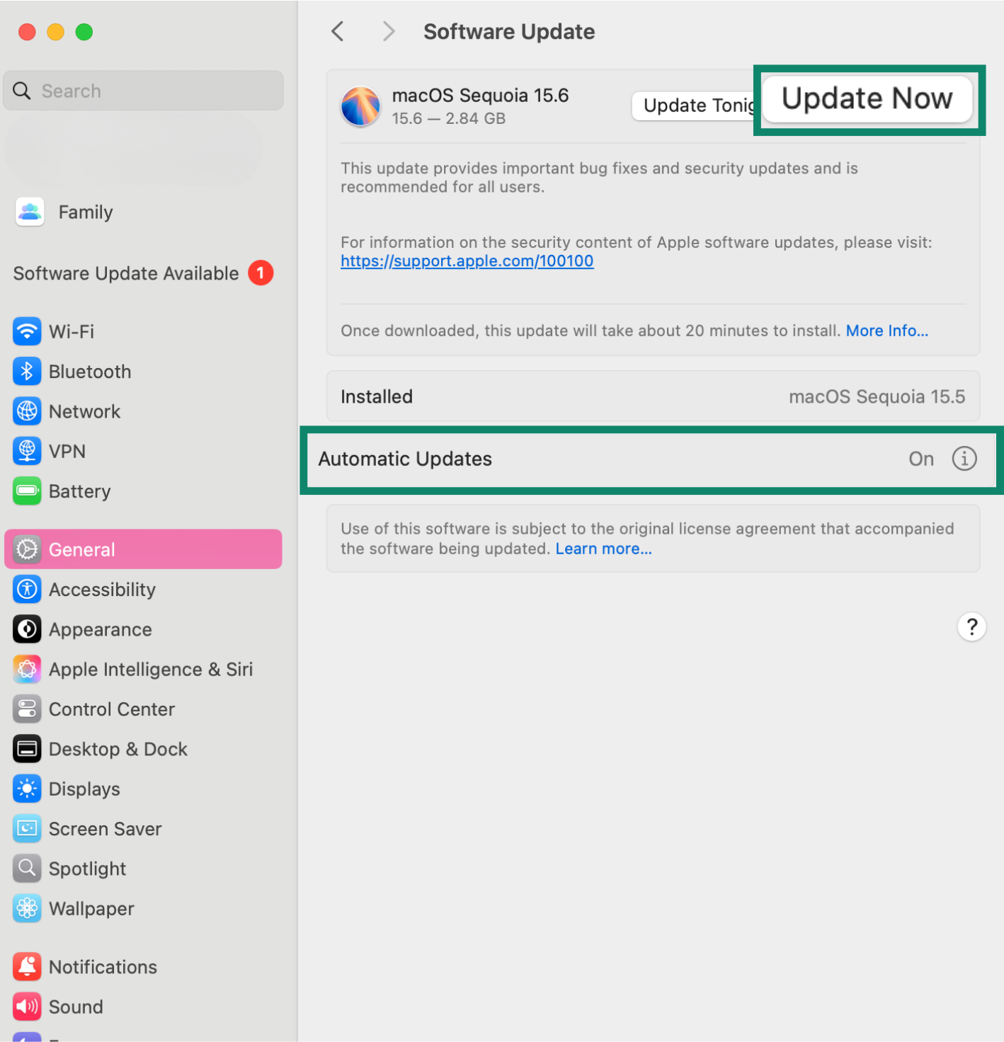 Software Update screen with Update Now and Automatic Updates on.