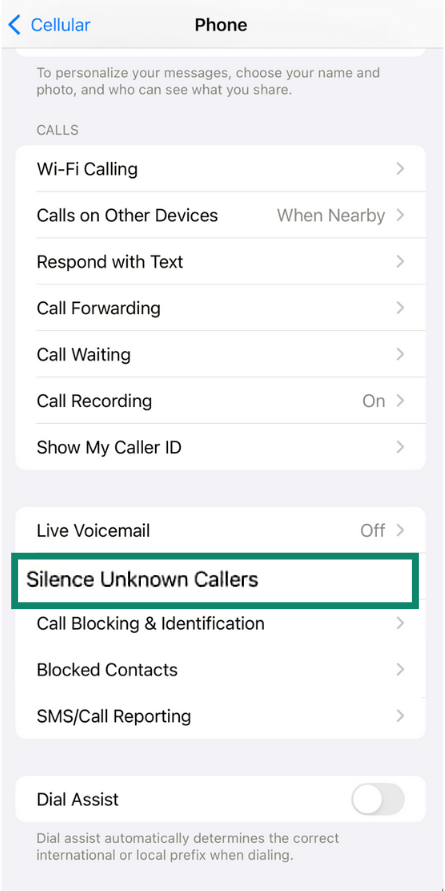 iPhone's phone settings with the “Silence Unknown Callers” option highlighted.