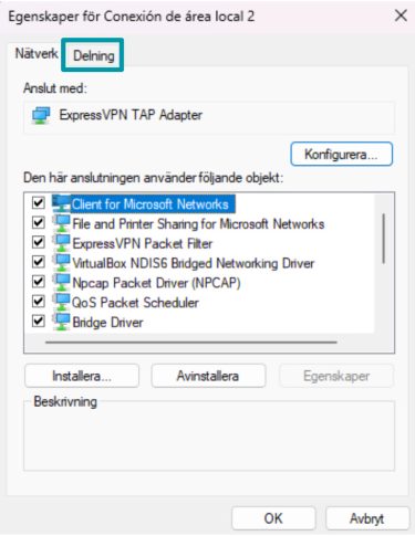 Opening sharing options in ExpressVPN TAP Adapter settings.