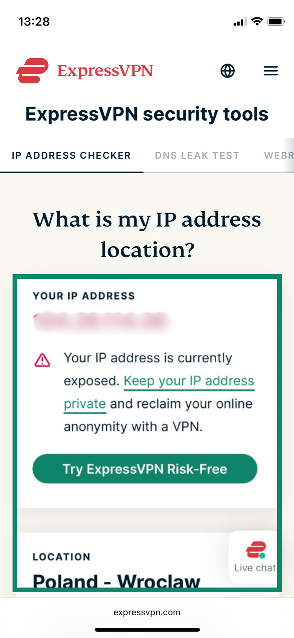 The ExpressVPN IP checker opened on the iPhone Safari browser, which shows a public IP address and location.