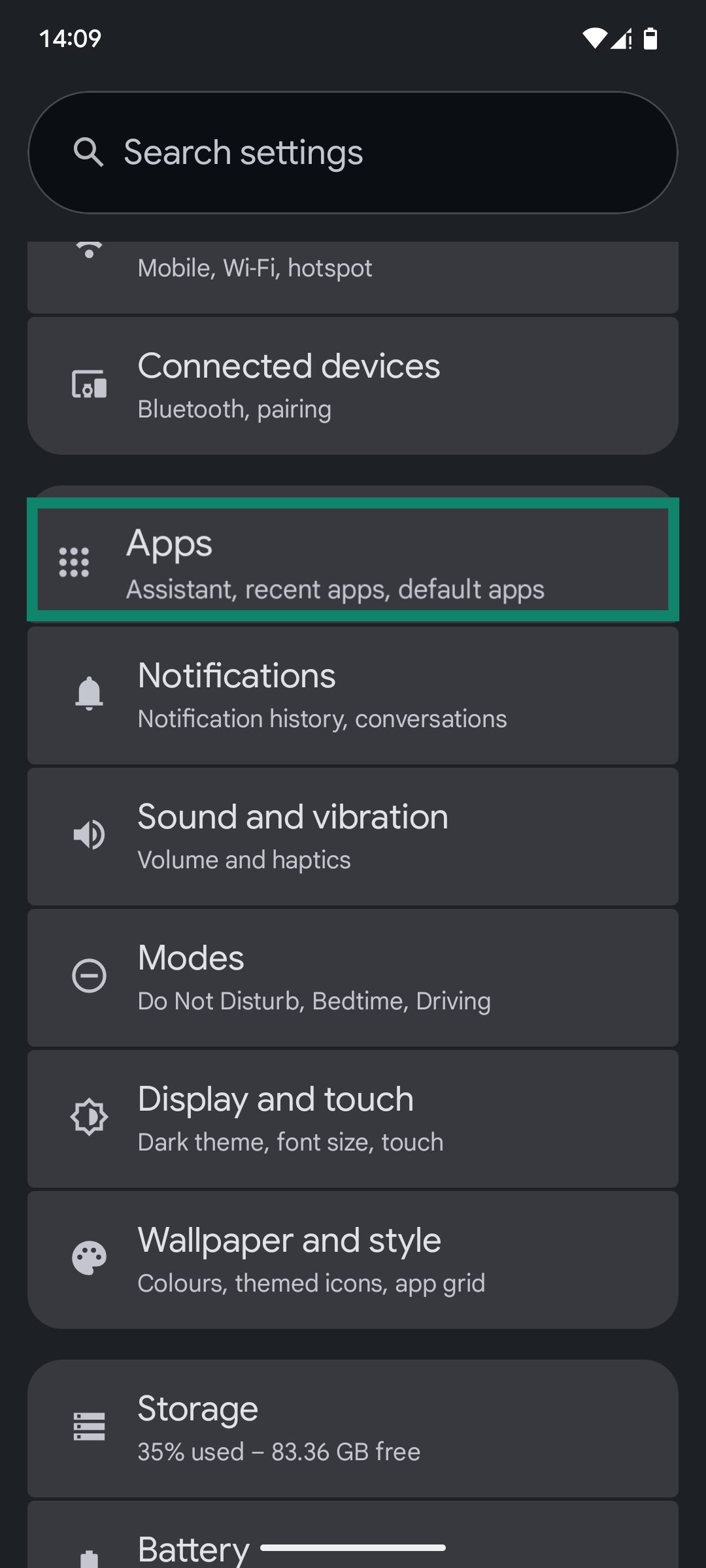 The Android Settings app, with the "Apps" menu option highlighted.