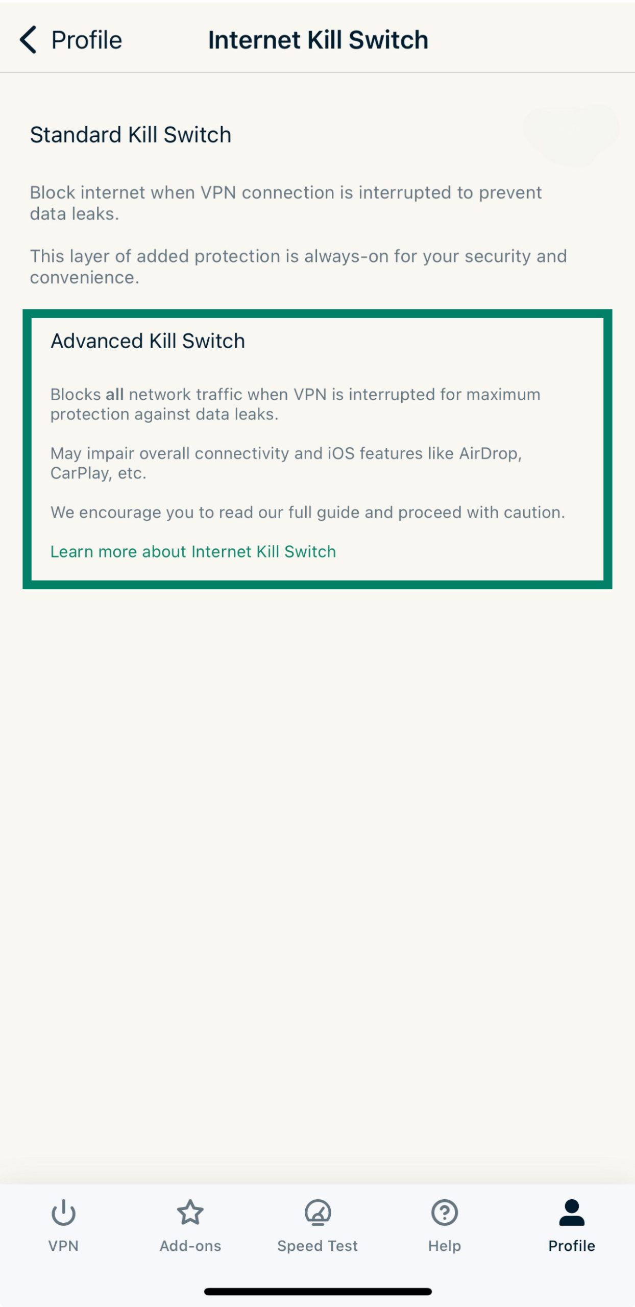 ExpressVPN iOS Advanced Kill Switch highlighted.