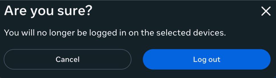 Facebook bulk session logout confirmation screen.