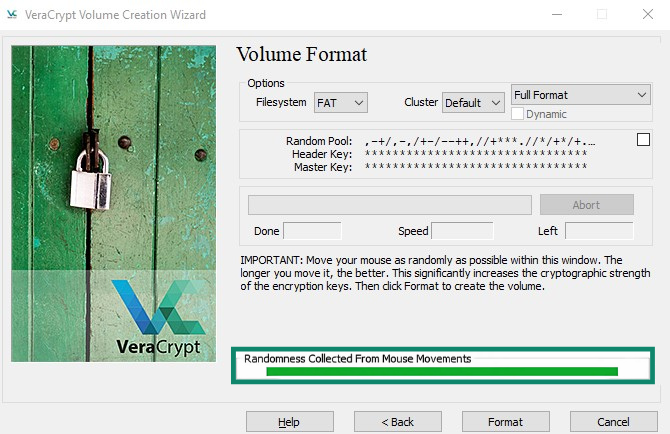VeraCrypt Volume Creation Wizard Volume Format screen with the progress bar highlighted.