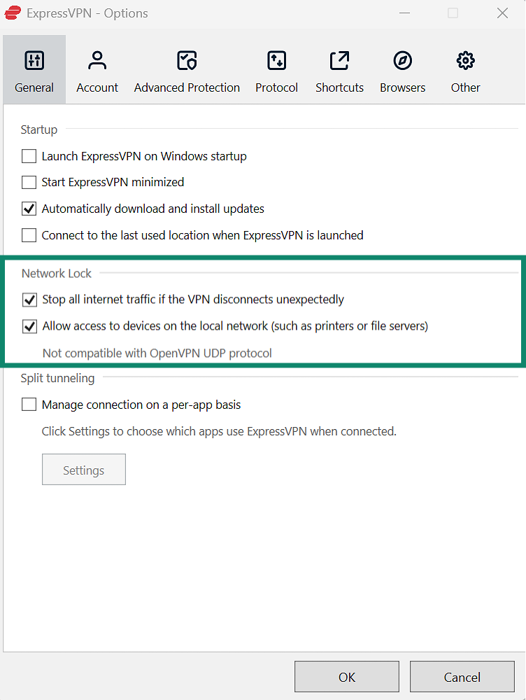 ExpressVPN settings showing the checkbox for ‘Stop all internet traffic if the VPN disconnects unexpectedly’ being ticked, activating the network lock feature.