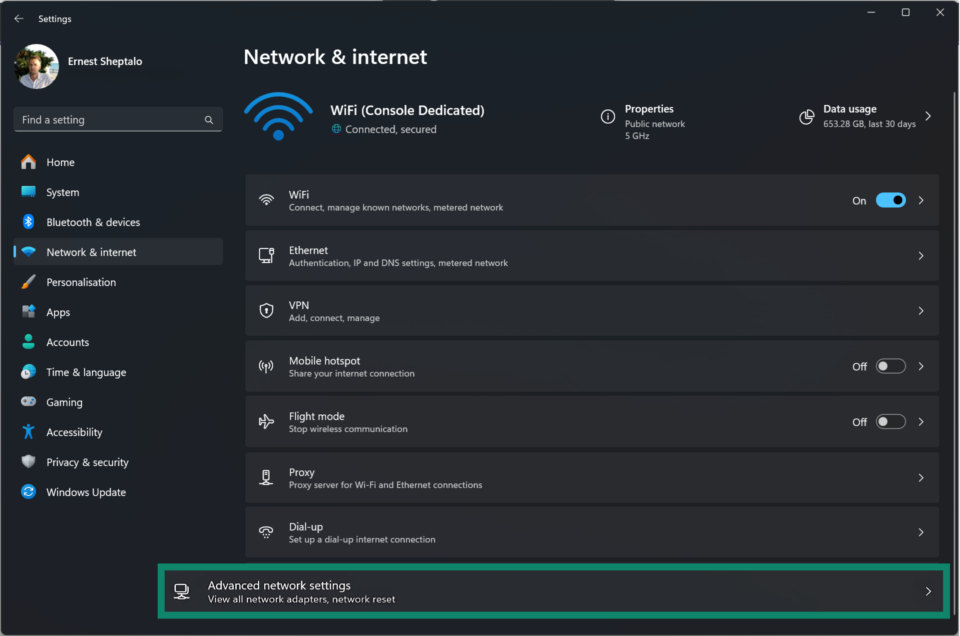 In the Network and internet settings, access Advanced network settings.