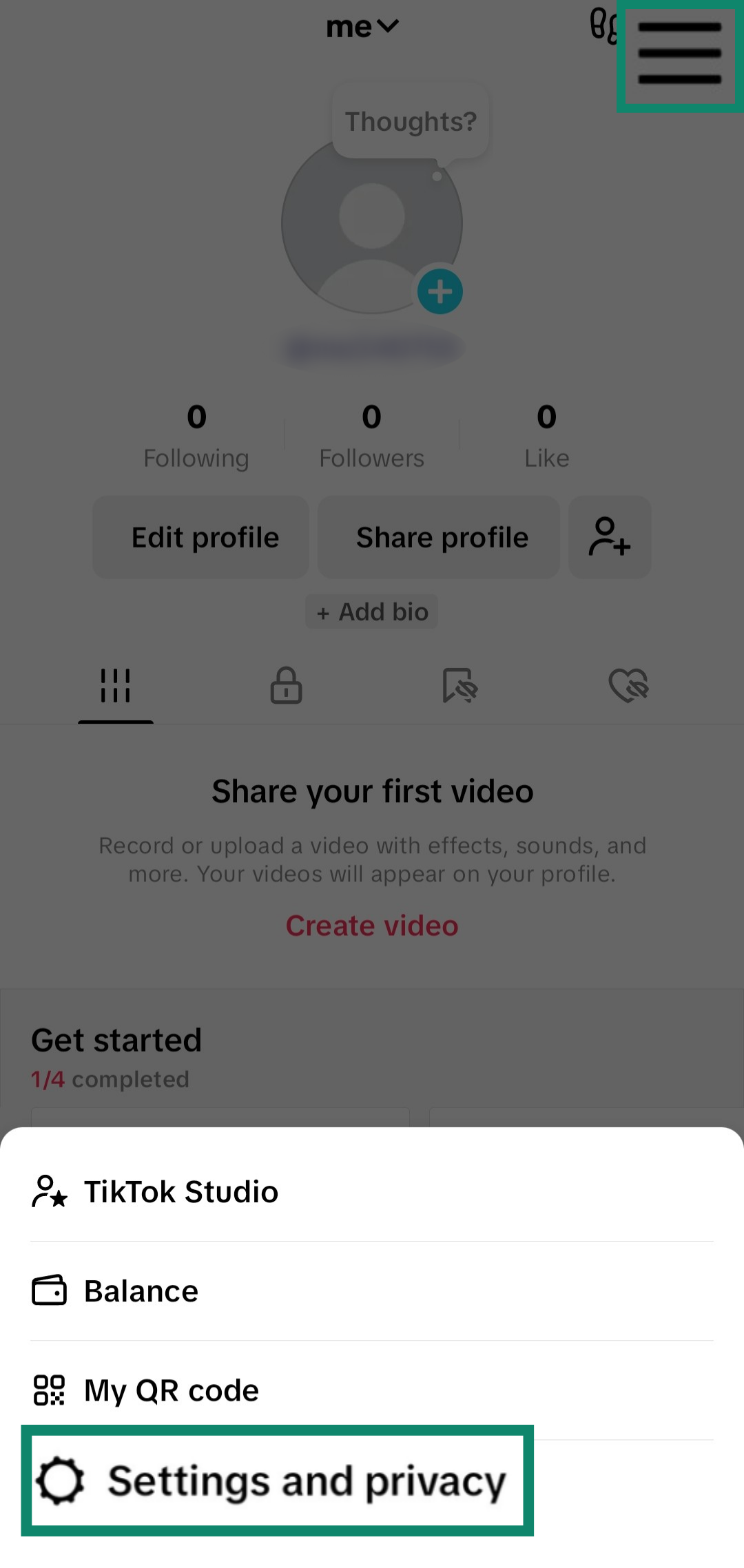 Screenshot showing how to access TikTok's Settings and privacy menu
