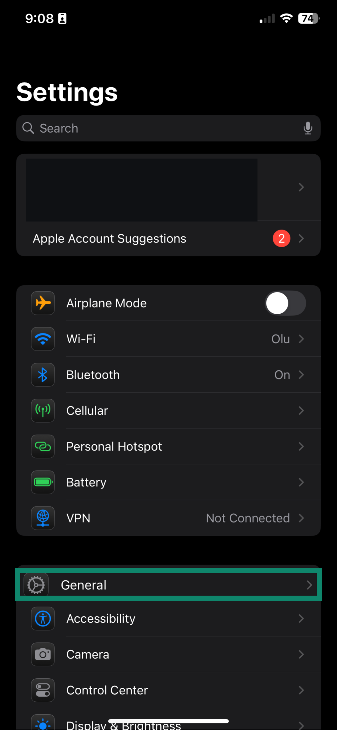 The Settings menu of an iPhone, with the General option highlighted.
