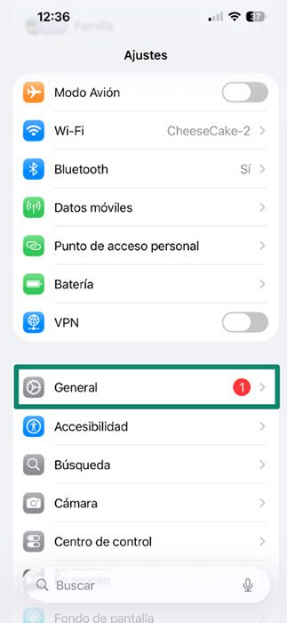 The Settings menu of an iPhone, with the General option highlighted.