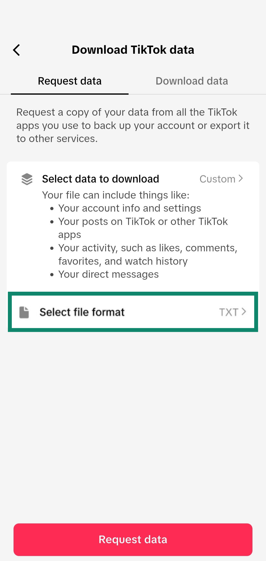 Screenshot showing how to cohose a file format for downloading TikTok data