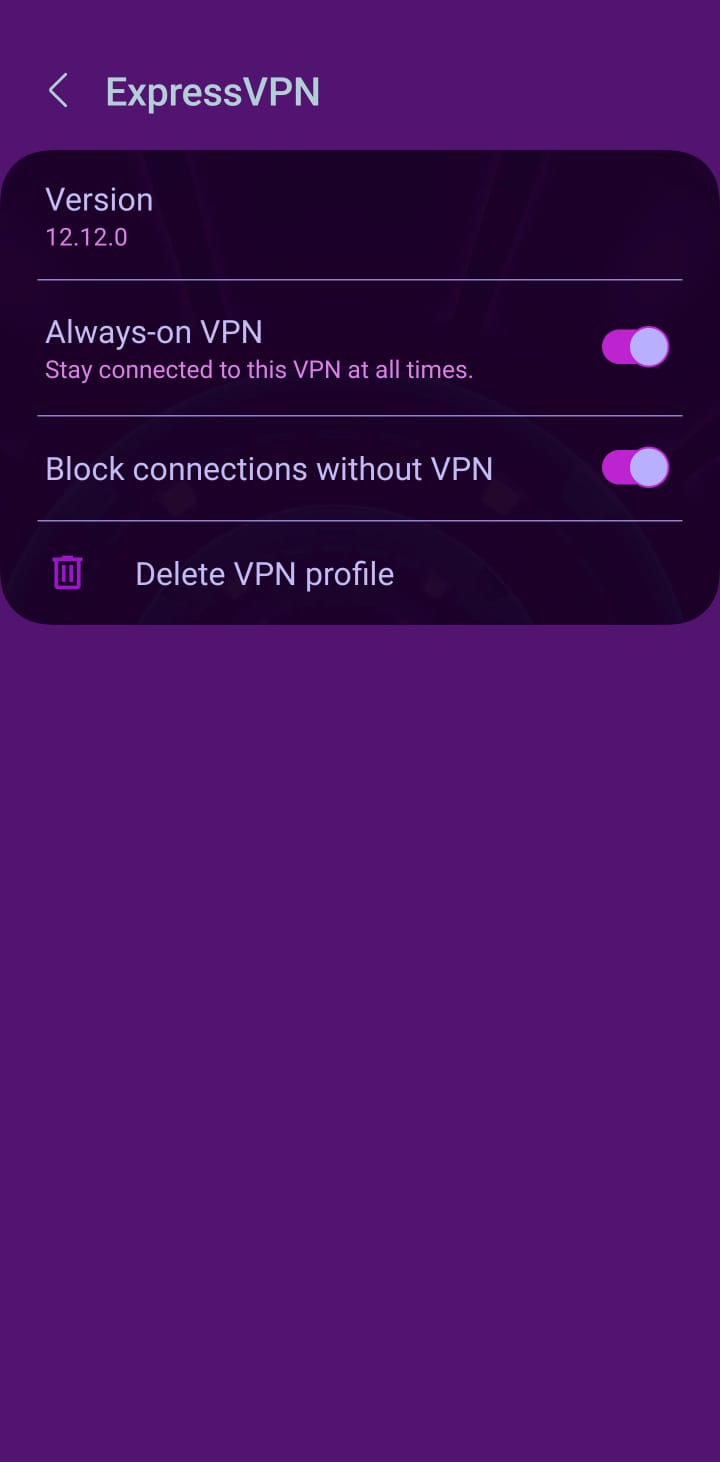 The Android settings page for the ExpressVPN profile with two options shown with toggles: Always-on VPN and Block connections without VPN.
