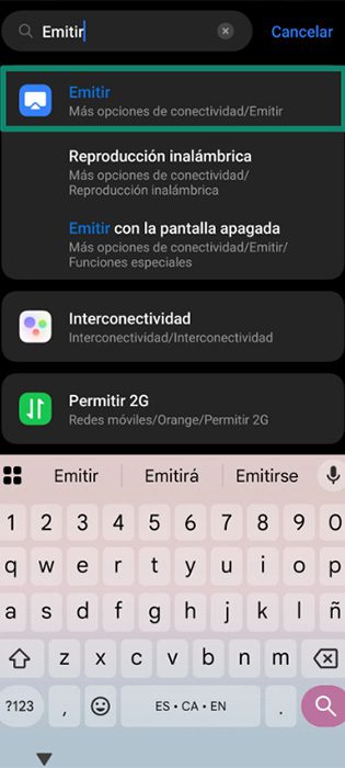 The Settings app of an Android phone, with the "Cast" option highlighted.