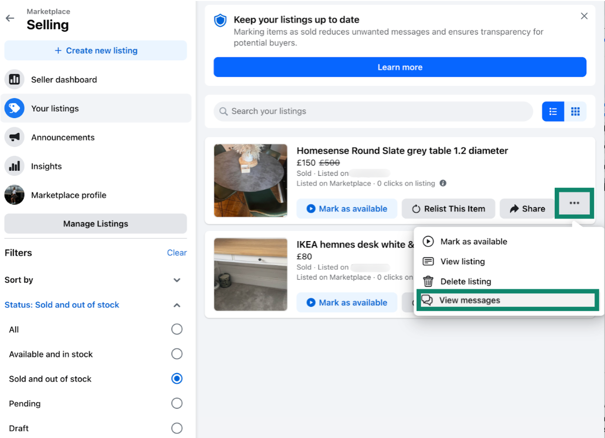The "View messages" option in Facebook Marketplace's seller dashboard.