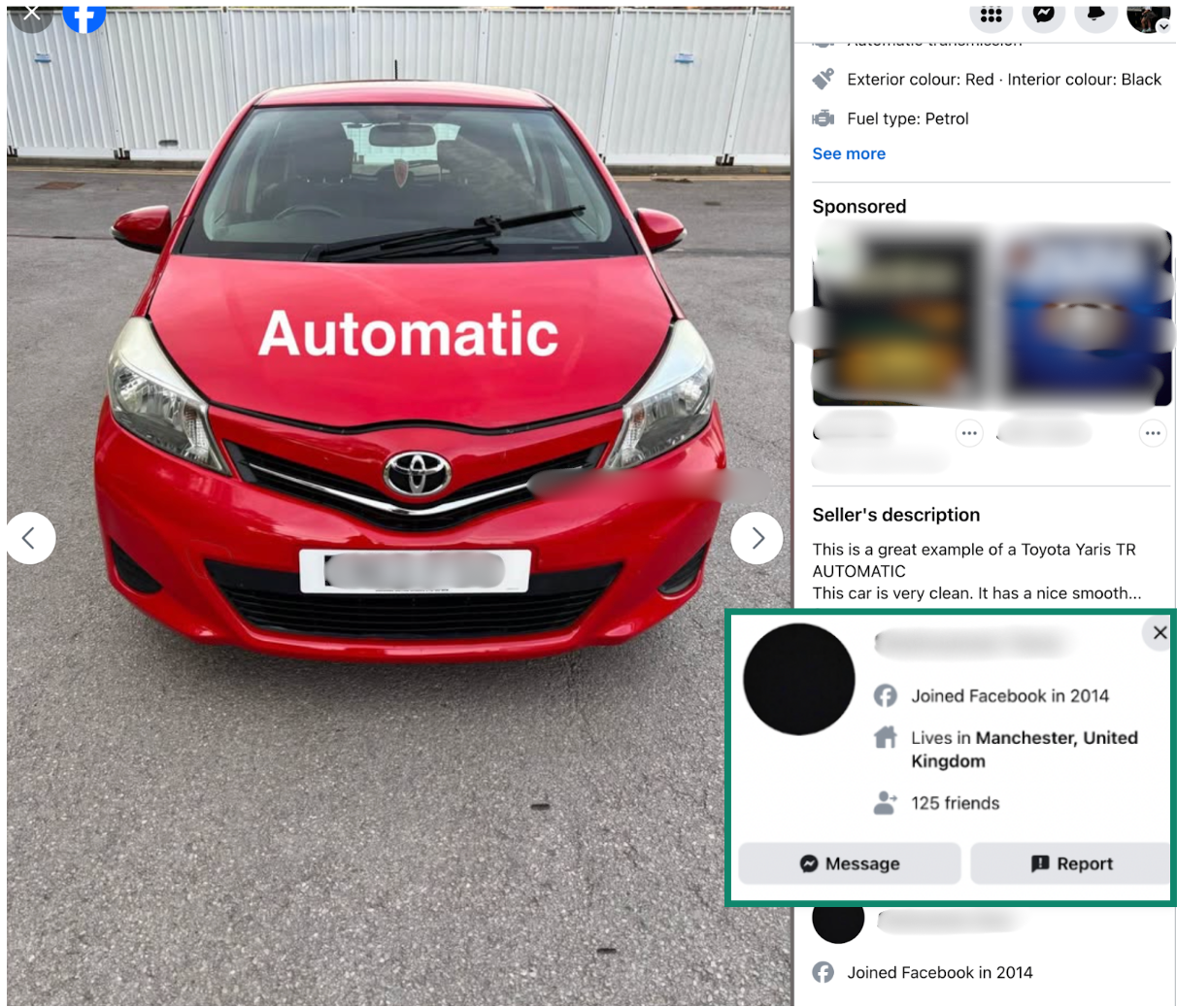 A Facebook Marketplace listing with the seller profile highlighted.