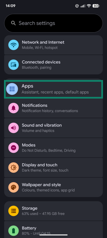 The Settings menu of an Android phone, showing the Apps option.