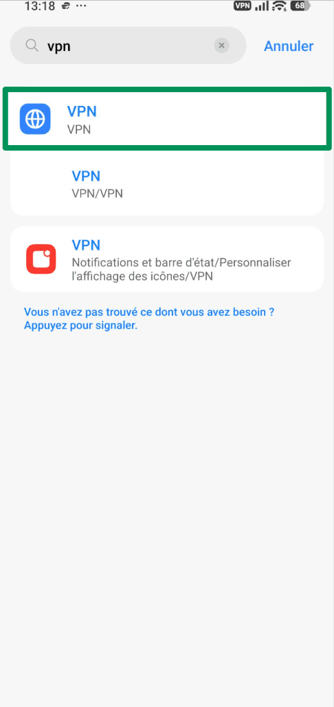 A screenshot of an Android phone, showing the VPN menu option in the Settings.