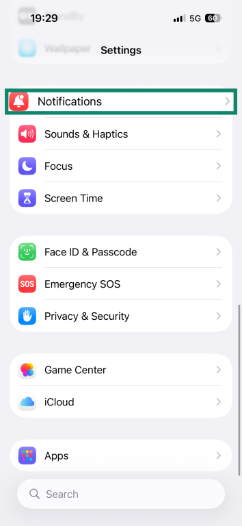 The Settings menu on iPhone.